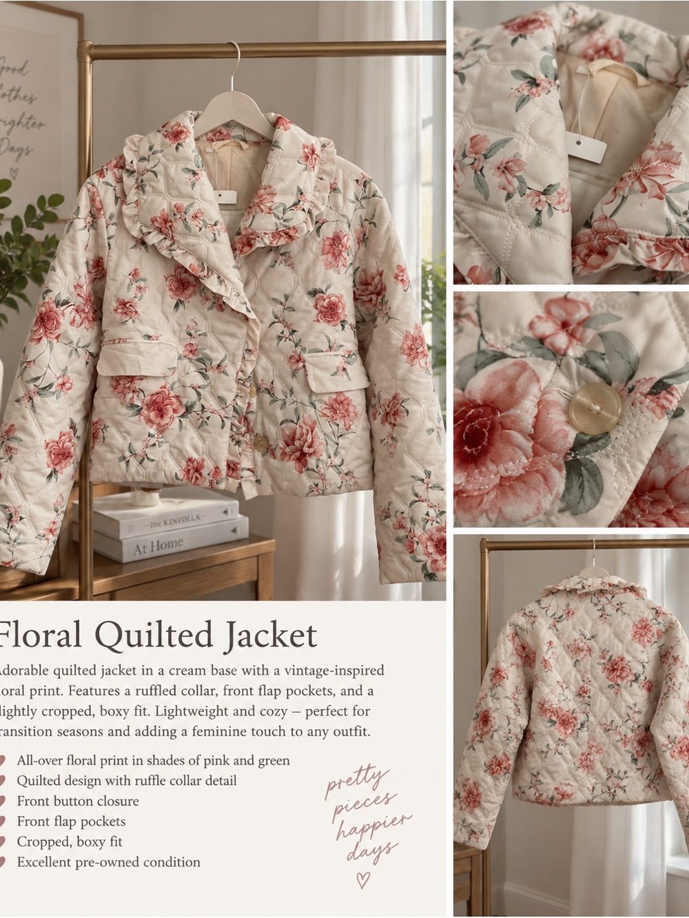 Floral Quilted Jacket Cropped Boxy Ruffled Collar Button Front Sz Small
